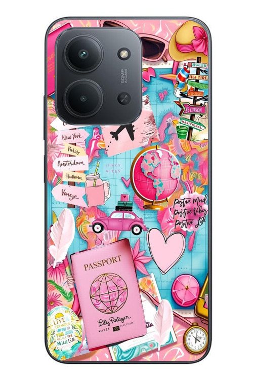 Redmi 15C Uyumlu Pembe Seyahat Baskılı Silikon Kılıf