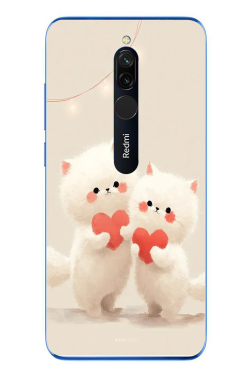 Redmi 8 Uyumlu Kalpli Beyaz Kediler Baskılı Silikon Kılıf