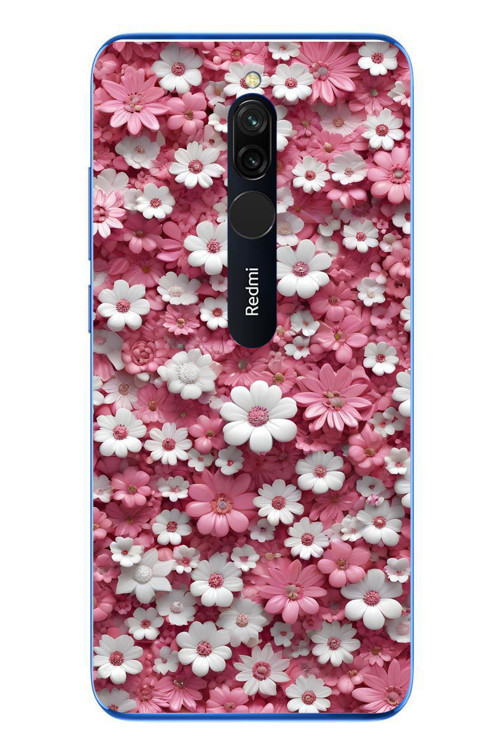 Redmi 8 Uyumlu Beyaz Pembe Papatyalar Baskılı Silikon Kılıf