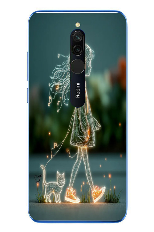 Redmi 8 Uyumlu Kedili Neon Kız Baskılı Silikon Kılıf