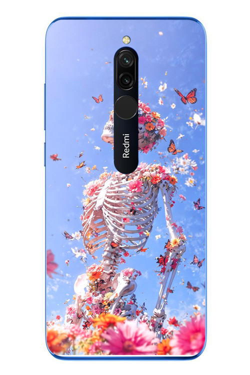 Redmi 8 Uyumlu İskelet Çiçekleri Baskılı Silikon Kılıf