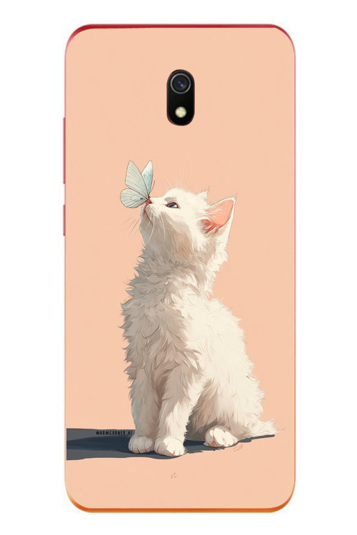 Redmi 8A Uyumlu Beyaz Kelebekli Kedi Baskılı Silikon Kılıf