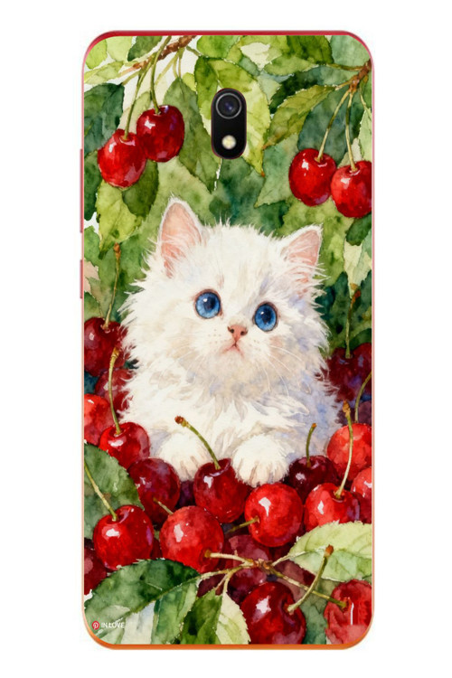 Redmi 8A Uyumlu Kirazlı Kedi Baskılı Silikon Kılıf