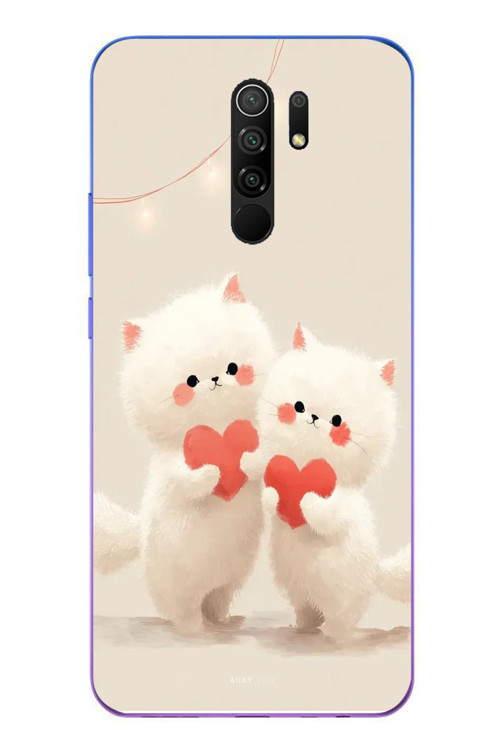 Redmi 9 Uyumlu Kalpli Beyaz Kediler Baskılı Silikon Kılıf