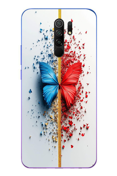Redmi 9 Uyumlu Kırmızı Mavi Kelebek Baskılı Silikon Kılıf