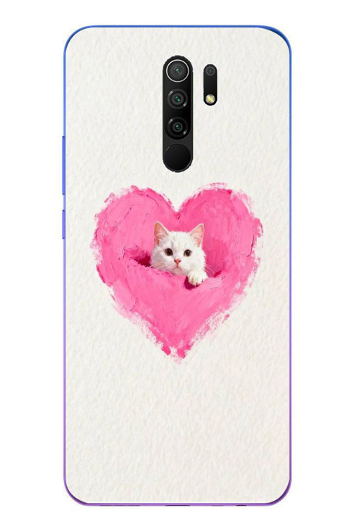 Redmi 9 Uyumlu Pembe Kalpli Kedi Baskılı Silikon Kılıf