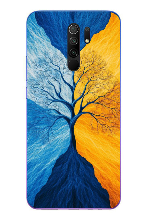 Redmi 9 Uyumlu Sarı Mavi Ağaç Baskılı Silikon Kılıf