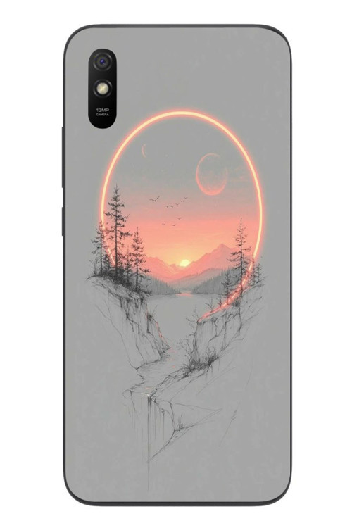 Redmi 9A Uyumlu Günbatımı Mermer Desenli Baskılı Silikon Kılıf