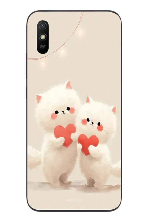 Redmi 9A Uyumlu Kalpli Beyaz Kediler Baskılı Silikon Kılıf