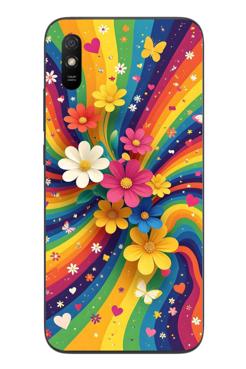 Redmi 9A Uyumlu Renkli Gökkuşağı Çiçekleri Baskılı Silikon Kılıf