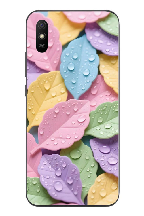 Redmi 9A Uyumlu Pastel Damlalıklı Yapraklar Baskılı Silikon Kılıf