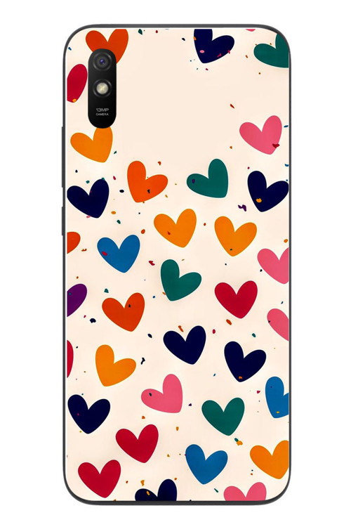 Redmi 9A Uyumlu Renkli Kalpler Baskılı Silikon Kılıf