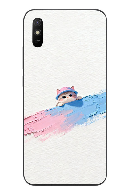 Redmi 9A Uyumlu Pembe Mavi Kedi Baskılı Silikon Kılıf