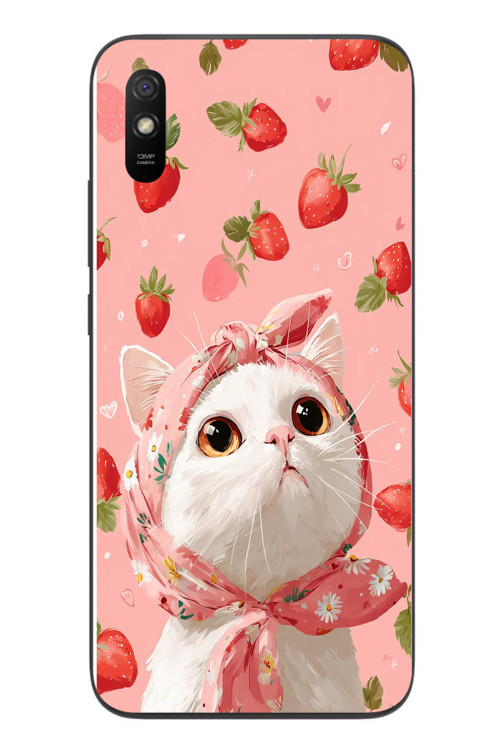 Redmi 9A Uyumlu Örtülü Kedi Çilekli Baskılı Silikon Kılıf