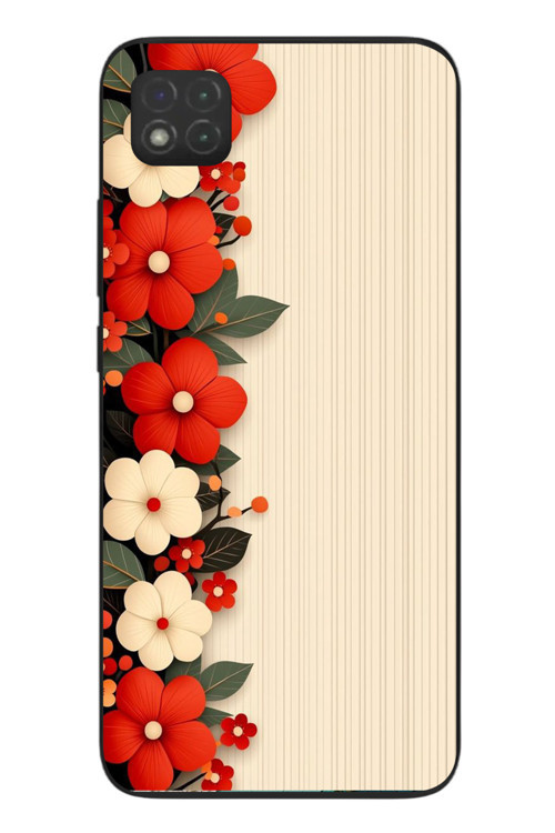 Redmi 9C Uyumlu Kırmızı Beyaz Çiçekler Baskılı Silikon Kılıf