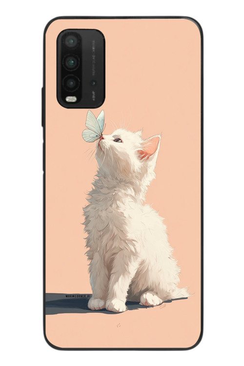 Redmi 9T Uyumlu Beyaz Kelebekli Kedi Baskılı Silikon Kılıf