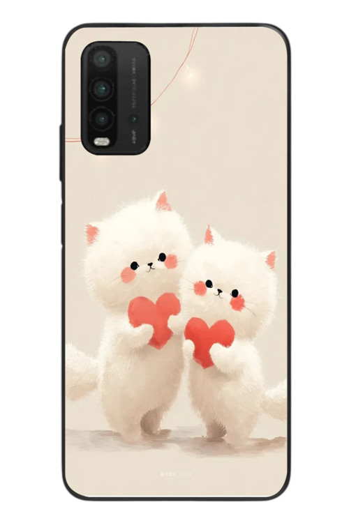 Redmi 9T Uyumlu Kalpli Beyaz Kediler Baskılı Silikon Kılıf