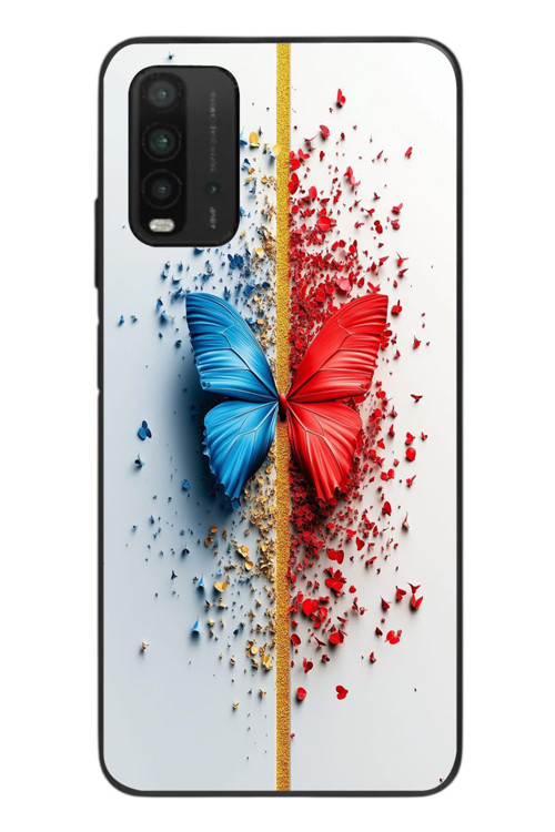 Redmi 9T Uyumlu Kırmızı Mavi Kelebek Baskılı Silikon Kılıf