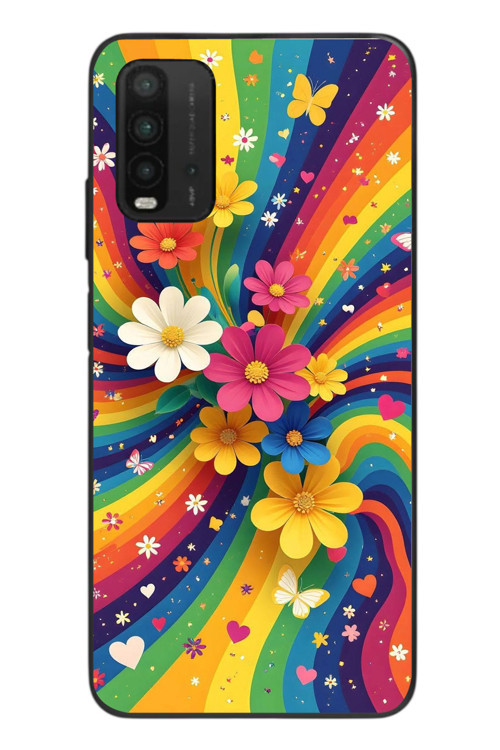 Redmi 9T Uyumlu Renkli Gökkuşağı Çiçekleri Baskılı Silikon Kılıf