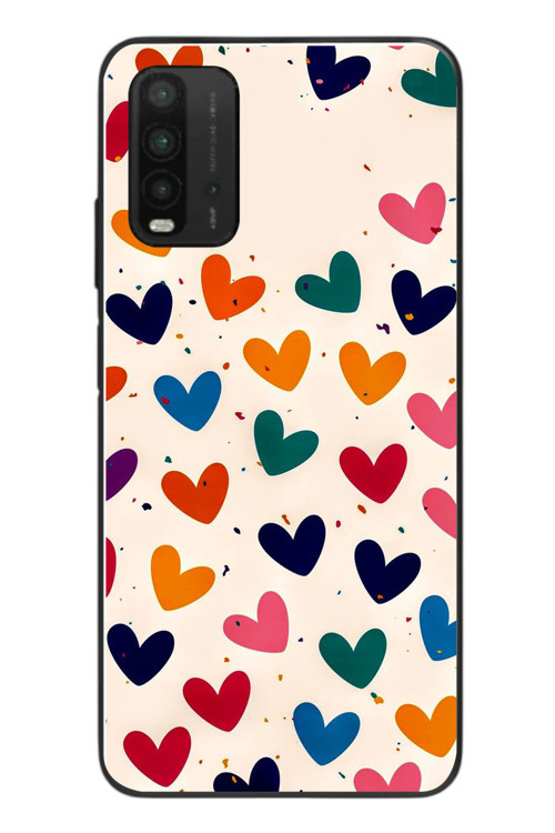 Redmi 9T Uyumlu Renkli Kalpler Baskılı Silikon Kılıf
