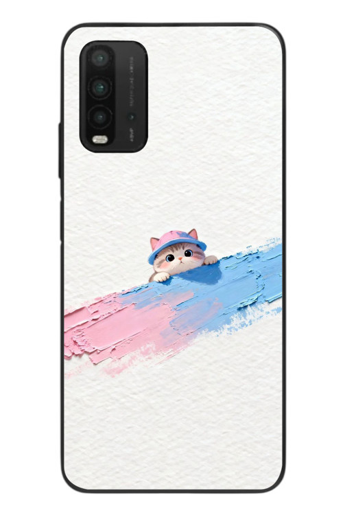 Redmi 9T Uyumlu Pembe Mavi Kedi Baskılı Silikon Kılıf