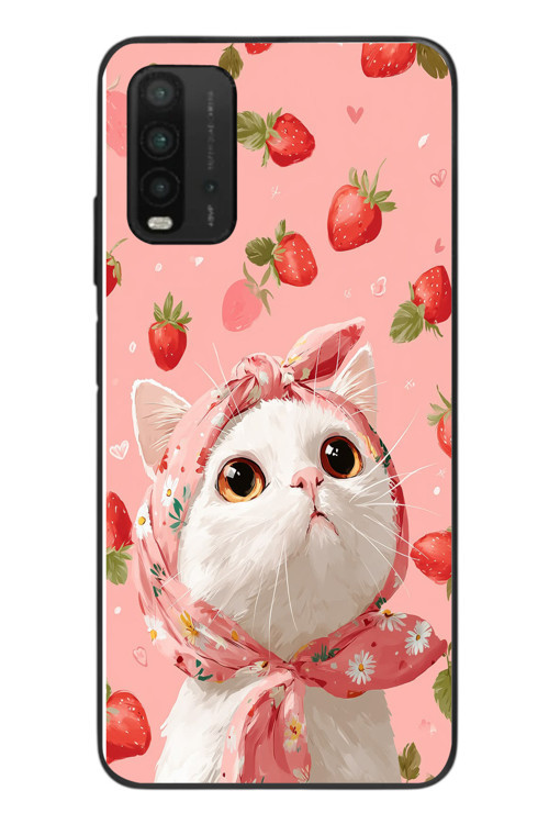 Redmi 9T Uyumlu Örtülü Kedi Çilekli Baskılı Silikon Kılıf