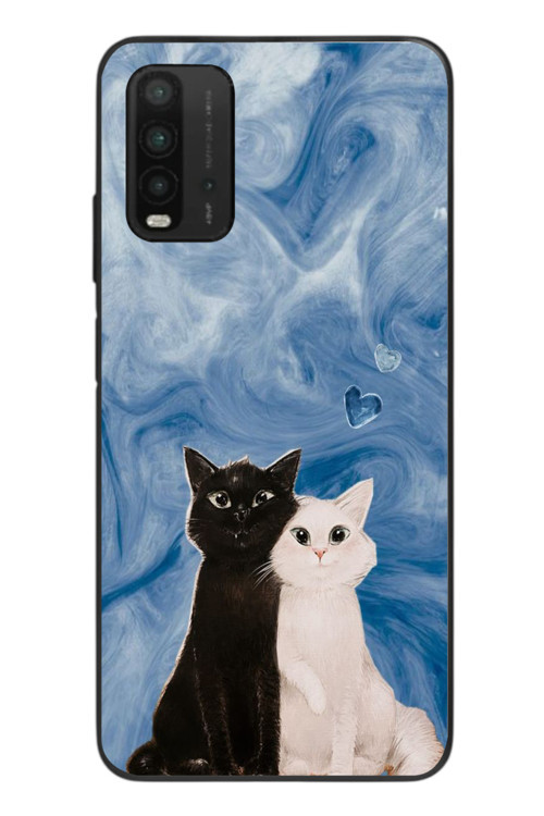 Redmi 9T Uyumlu Siyah ve Beyaz Kedi Baskılı Silikon Kılıf