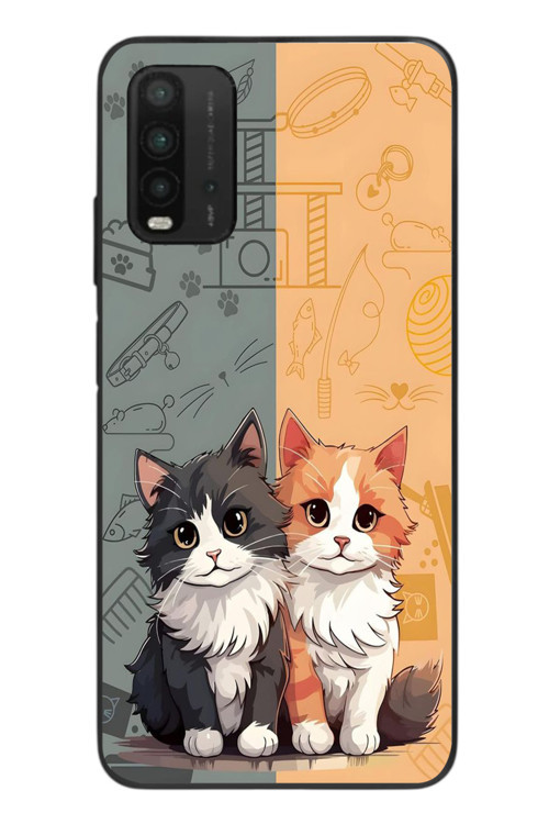 Redmi 9T Uyumlu Sarı ve Siyah Kedi Baskılı Silikon Kılıf