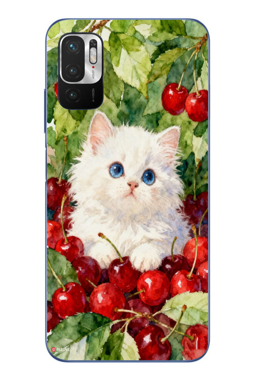 Redmi Note 10 5G Uyumlu Kirazlı Kedi Baskılı Silikon Kılıf