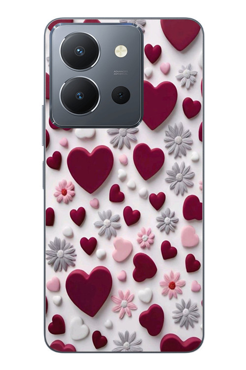 Vivo Y36 Uyumlu Kırmızı ve Pembe Kalpler Baskılı Silikon Kılıf