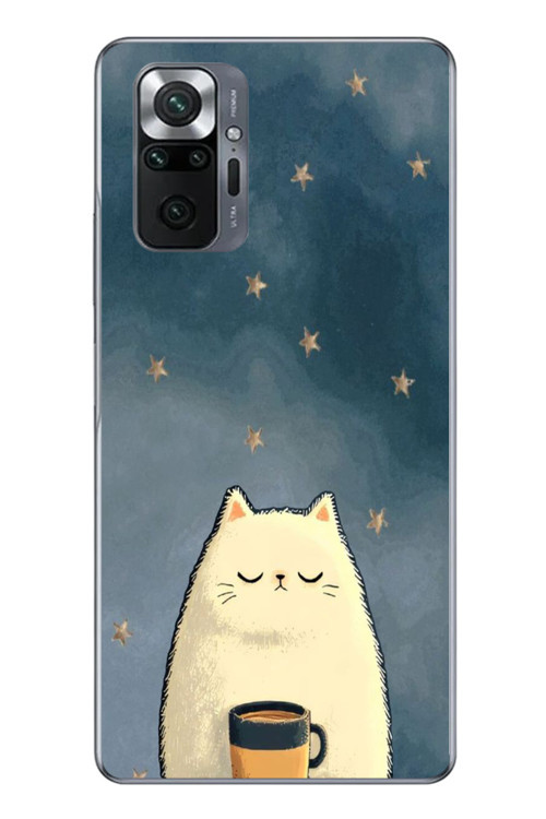 Redmi Note 10 Uyumlu Kahveci Beyaz Kedir Baskılı Silikon Kılıf