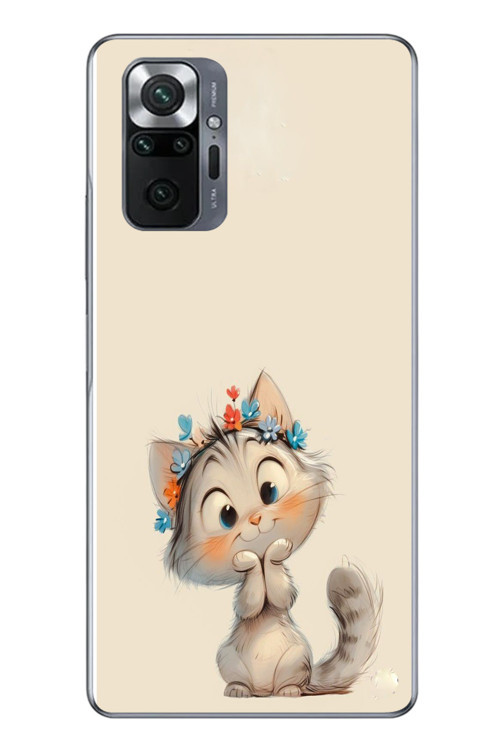 Redmi Note 10 Uyumlu Sevimli Çiçekli Kedi Baskılı Silikon Kılıf