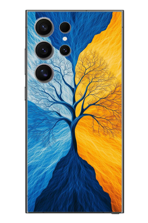Samsung Galaxy S24 Ultra Uyumlu Sarı Mavi Ağaç Baskılı Silikon Kılıf