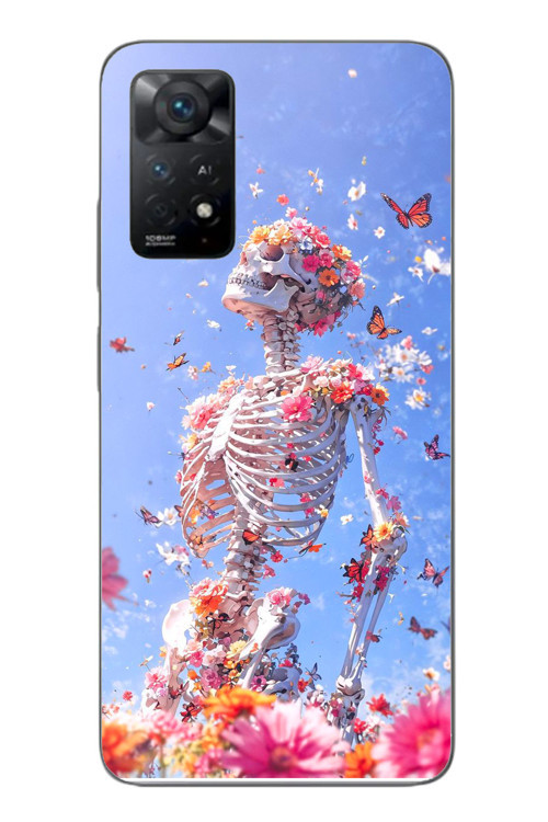 Redmi Note 11E Uyumlu İskelet Çiçekleri Baskılı Silikon Kılıf