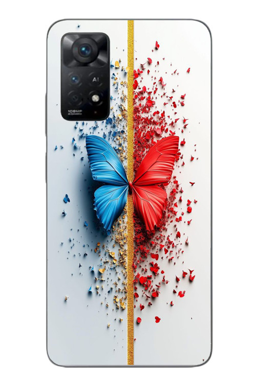 Redmi Note 11E Uyumlu Kırmızı Mavi Kelebek Baskılı Silikon Kılıf