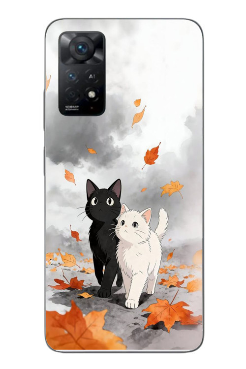 Redmi Note 11E Uyumlu Sonbahar Kedileri Baskılı Silikon Kılıf