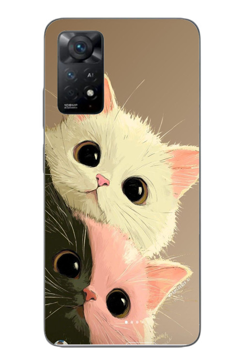 Redmi Note 11E Uyumlu Pembe Siyah Beyaz Kedi Baskılı Silikon Kılıf