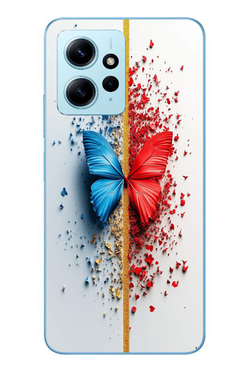 Redmi Note 12 4G Uyumlu Kırmızı Mavi Kelebek Baskılı Silikon Kılıf