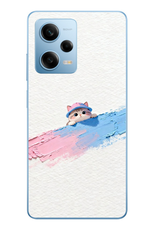 Redmi Note 12 Pro 5G Uyumlu Pembe Mavi Kedi Baskılı Silikon Kılıf