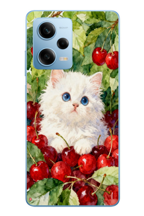 Redmi Note 12 Pro 5G Uyumlu Kirazlı Kedi Baskılı Silikon Kılıf
