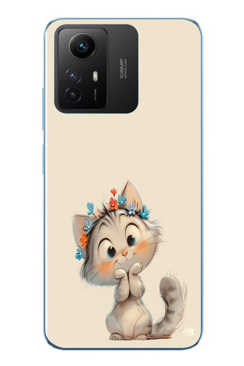 Redmi Note 12S Uyumlu Sevimli Çiçekli Kedi Baskılı Silikon Kılıf