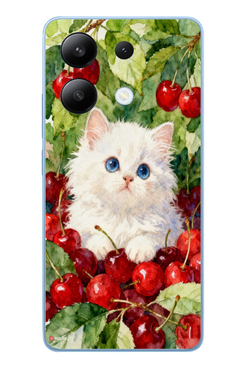 Redmi Note 13 4G Uyumlu Kirazlı Kedi Baskılı Silikon Kılıf