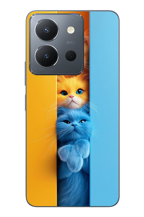 Vivo Y36 Uyumlu Mavi Sarı Kediler Baskılı Silikon Kılıf