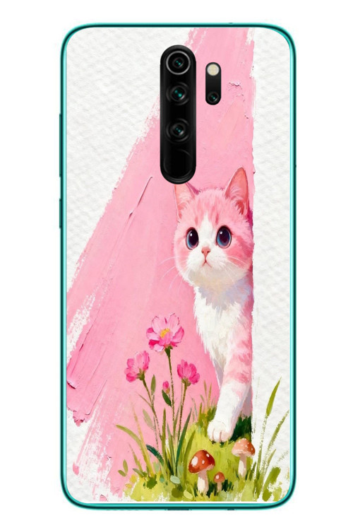 Redmi Note 8 Pro Uyumlu Pembeli Kedi Baskılı Silikon Kılıf