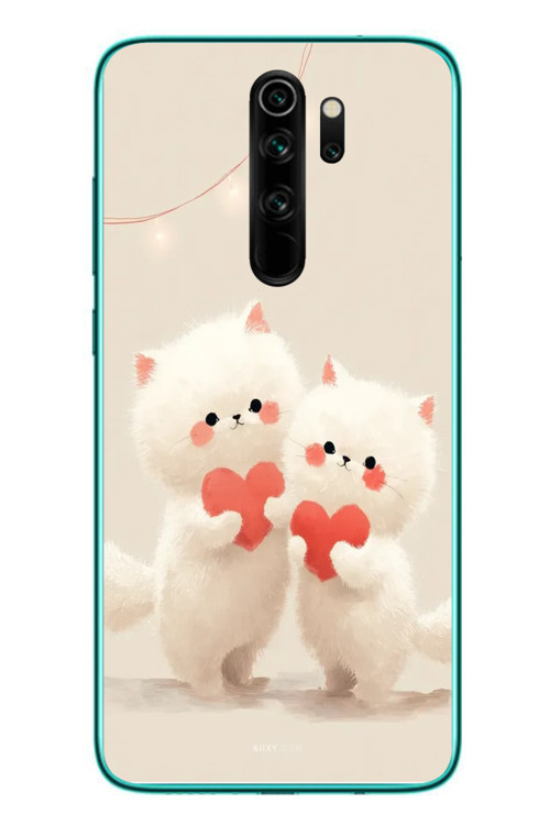 Redmi Note 8 Pro Uyumlu Kalpli Beyaz Kediler Baskılı Silikon Kılıf