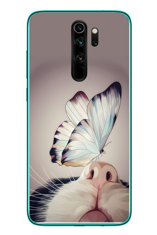 Redmi Note 8 Pro Uyumlu Kelebekli Kedi Baskılı Silikon Kılıf