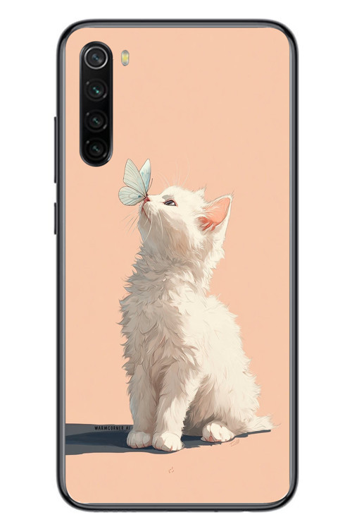 Redmi Note 8 Uyumlu Beyaz Kelebekli Kedi Baskılı Silikon Kılıf