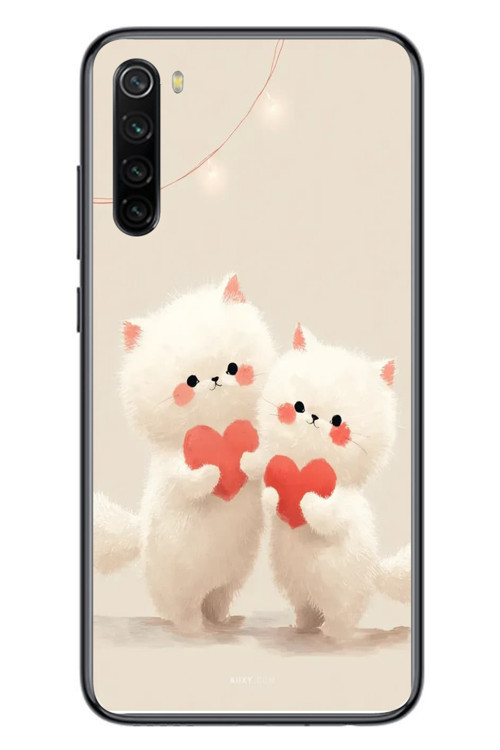 Redmi Note 8 Uyumlu Kalpli Beyaz Kediler Baskılı Silikon Kılıf