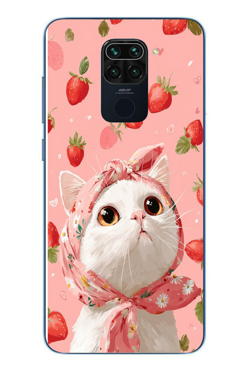 Redmi Note 9 Uyumlu Örtülü Kedi Çilekli Baskılı Silikon Kılıf