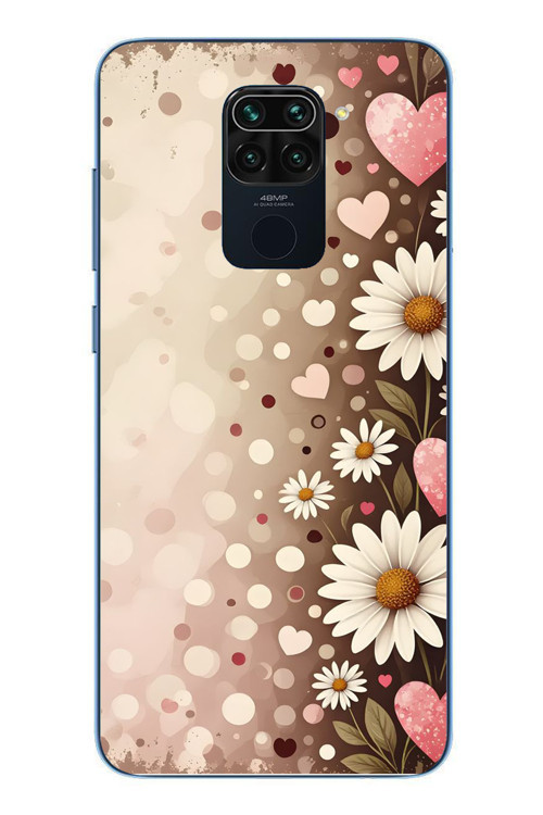Redmi Note 9 Uyumlu Kalpli Papatya Damlaları Baskılı Silikon Kılıf